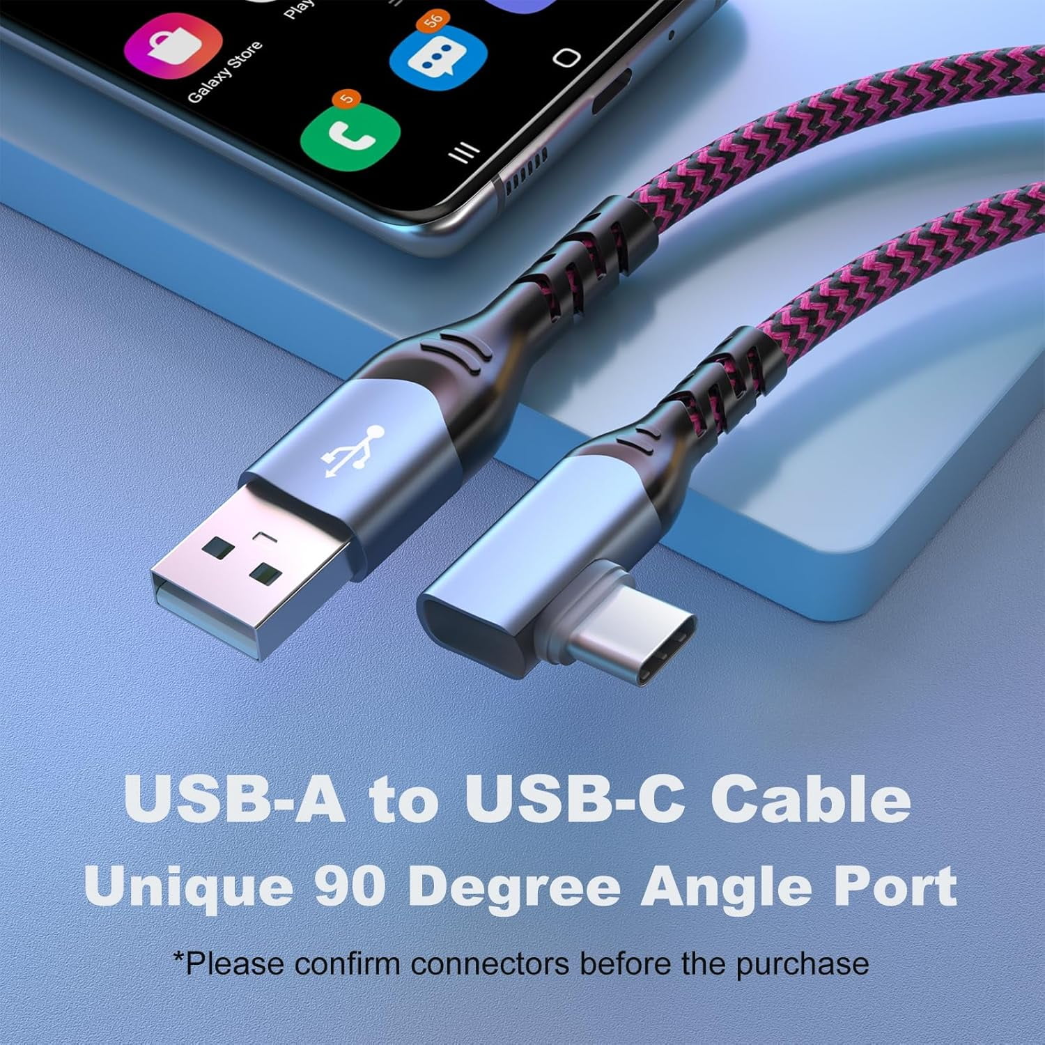 RGHJAR-USB C Cable 10ft, 5-Pack Type C Fast Charging Android Charger Cords USB-A to USB-C 90 Degree Right Angle L Shape Braided Cable for iPhone 17 16 15, Samsung Galaxy S25 S24 A16 A15, Google Pixe