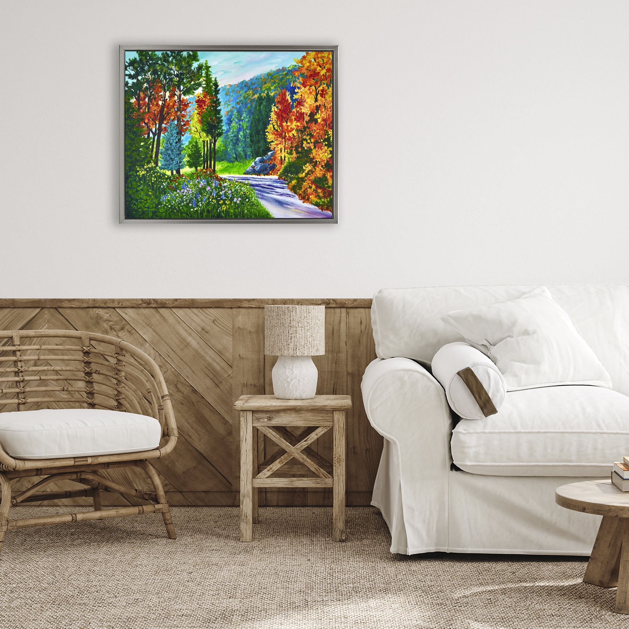 Stupell Industries Sunlit Autumn Woodland Pathway Gray Framed Floater Canvas Wall Art, design by Lee Ann Zirbes