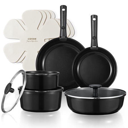 Carote 15 Pcs Ceramic Nonstick Cookware Set, Pots and Pans with Detachable Handles, Oven Safe, Induction Ready, Stackable Kitchen Cookware, Black