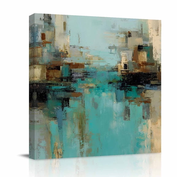 Canvas Wall Art, Modern Abstract Framed Canvas Prints for Bathroom Desk, Country Color Blocks Teal Brown Small Gallery Wrapped Wall Decor for Home Office, Gifts, 8"x8" Ship Next Day