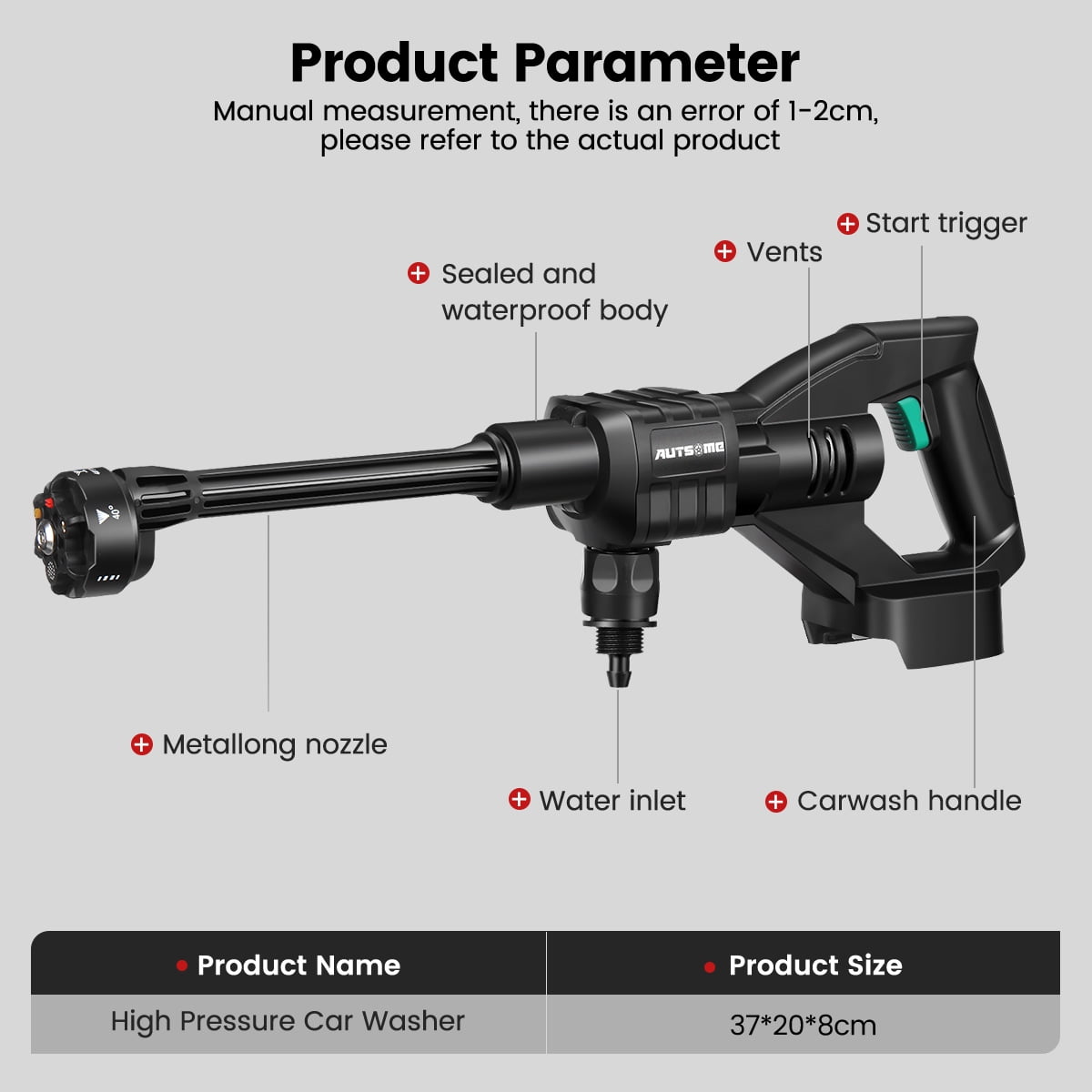 AUTSOME Cordless High Pressure Washer 500W 100Bar, 6 in 1 Adjustable Nozzle Car Wash Supplies, Electric Pressure Washers, Portable Power Washer Cleaner, Black
