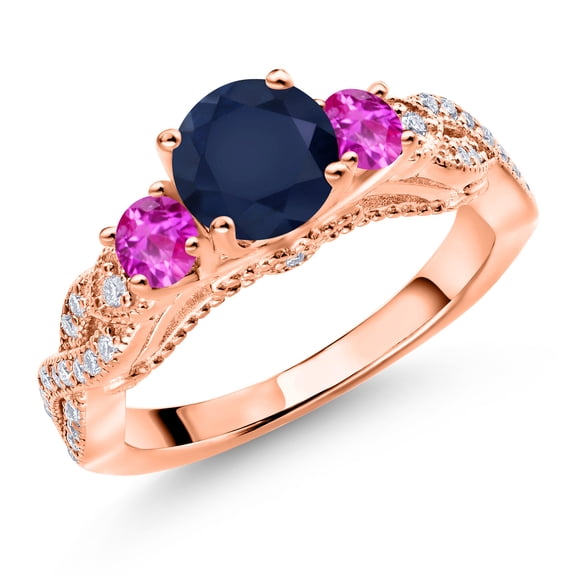 Gem Stone King 18K Rose Gold Plated Silver Blue Sapphire Pink Sapphire and White Moissanite Engagement Ring for Women (1.63 Cttw, Gemstone September Birthstone, Round 6MM and 3MM, Size 9)