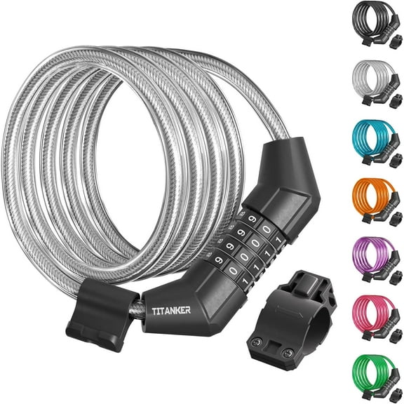 Bike Lock Cable, 4 Feet Bike Cable Lock Basic Self Coiling Kids Bike Lock Combination with Complimentary Mounting Bracket, 5/16 Inch Diameter (4FT, White-8mm)