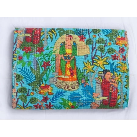 Indian Handmade Cotton Kantha Quilt Vinatge Blanket Quilt Frida Kahlo Print Kantha Bedding Throw Bohemian Bed Cover Kantha Gudari
