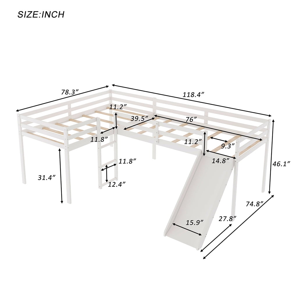 Kadyn L Shaped Loft Bed in Kid's Bedroom with Ladder and Slide, White Kadyn L Shaped Loft Bed in Kid's Bedroom with Ladder and Slide, White