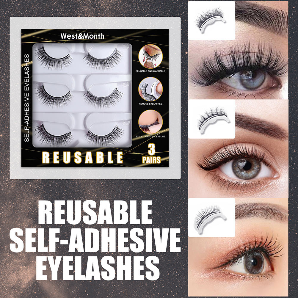 3 Pair Self Adhesive Eyelashes No Eyeliner or Glue Needed Reusable Natural False Eyelashes Gift for Women Natural Look