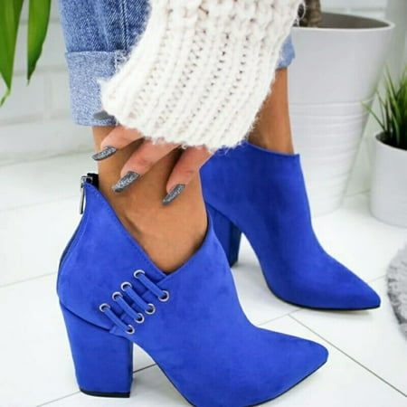 

Womens Mid Heel Ankle Boots Ladies Casual Zip Up Thick Heel Pointed Toe Booties New