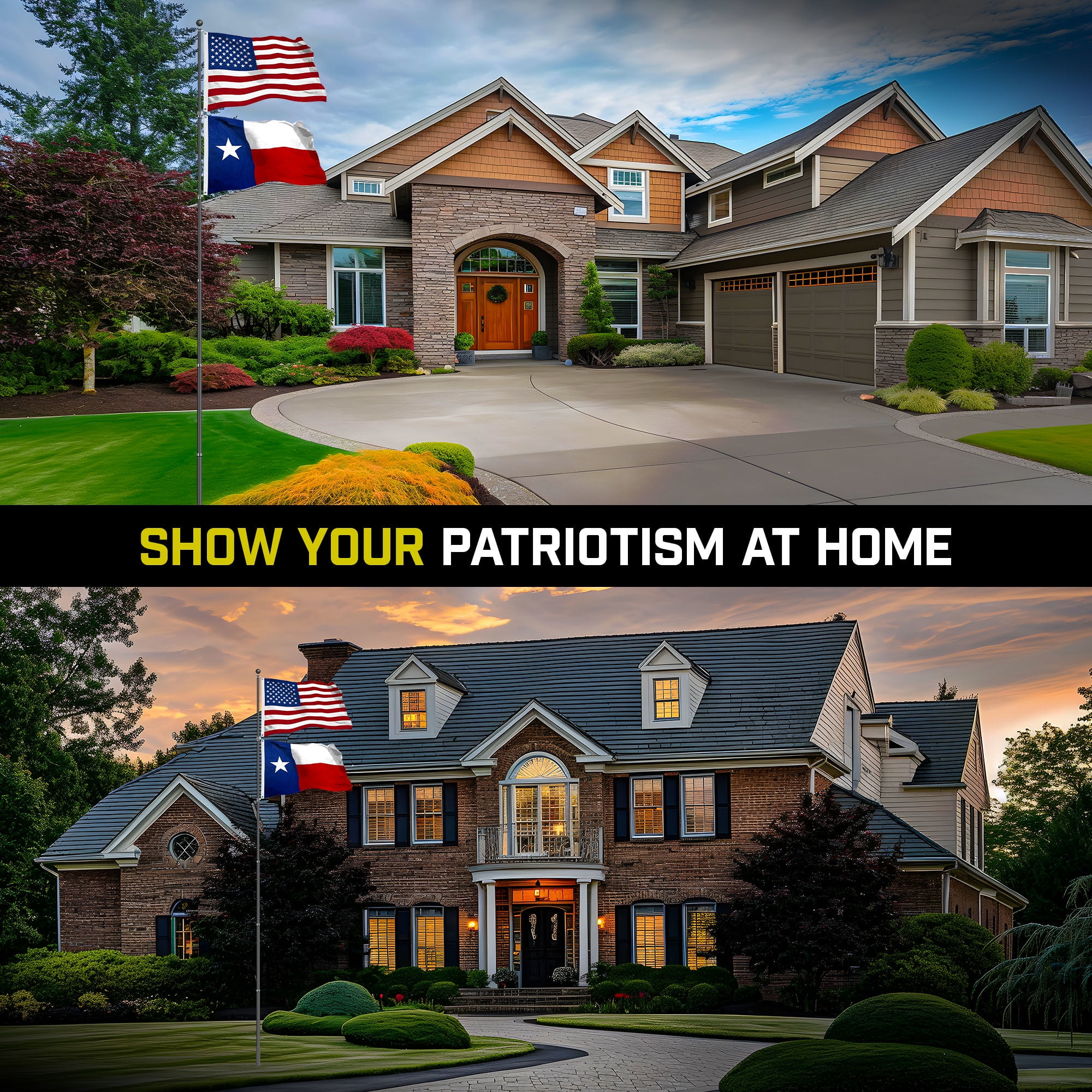 G128 Combo Pack: 20 Ft Telescoping Aluminum Flagpole (Black) & American and Texas Flags 3x5 Ft, Both StormFlyer Series Embroidered 220GSM Spun Polyester | Pole with Flags Included