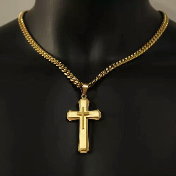 QQTDFG Crucifixion Cross Necklace For Men Women Stainless Steel Miami Chain Pendant Hot-Gold-22inch or 55cm