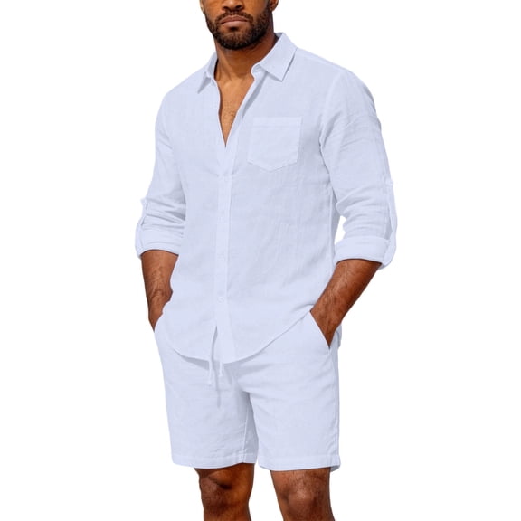 USNSM Men 2 Piece Linen Outfit Solid Color Long Sleeve Lapel Button Down Beach Shirt Casual Loose Shorts Sets White XXL