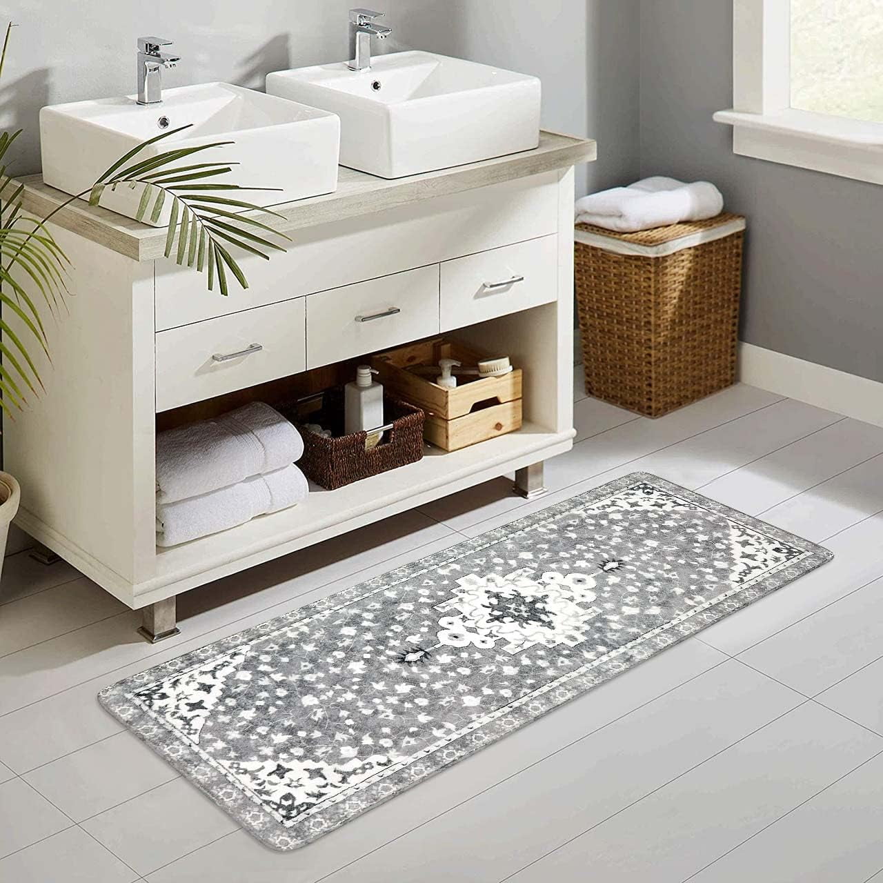 Vintage Bathroom Runner Rug Gray Non-Slip Soft Long Bathroom Rugs Machine Washable Oriental Bath Mat Traditional Farmhouse Floral Floor Mats for Sink Shower Bathtub, 18x47 inch