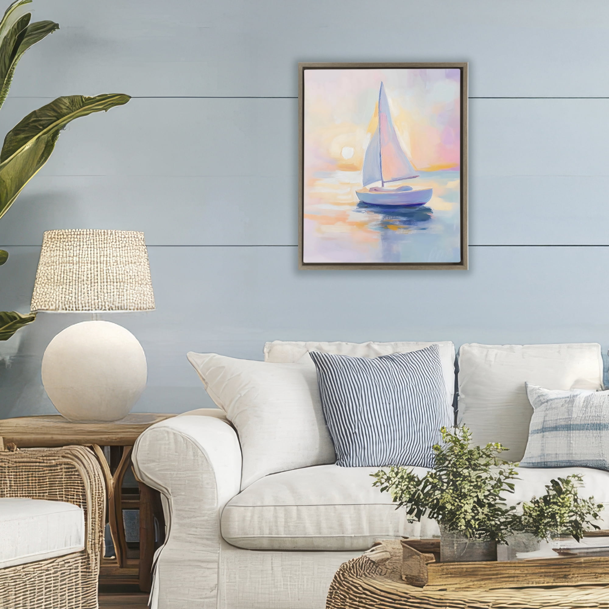 Stupell Industries Pastel Sailboat Toward Pink Horizon Brown Framed Floater Canvas Wall Art, design by The Prints Vibe
