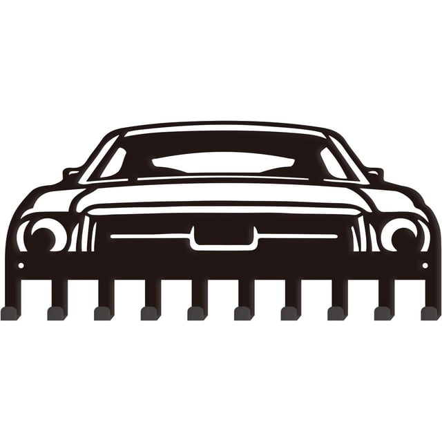 Organizador de llaves de metal negro con 10 ganchos para colgar en la pared, con temática de coche.
