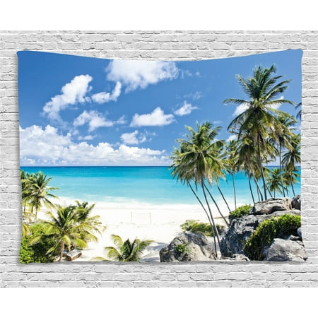 Holiday Tapestry - Summer Tapestry, Bottom Bay Barbados Beach Tropical Palms Ocean Holiday Paradise Coast Charm Picture, Wall Hanging for Bedroom Living Room Dorm Decor, 80W X 60L Inches, Multicolor, by Ambesonne