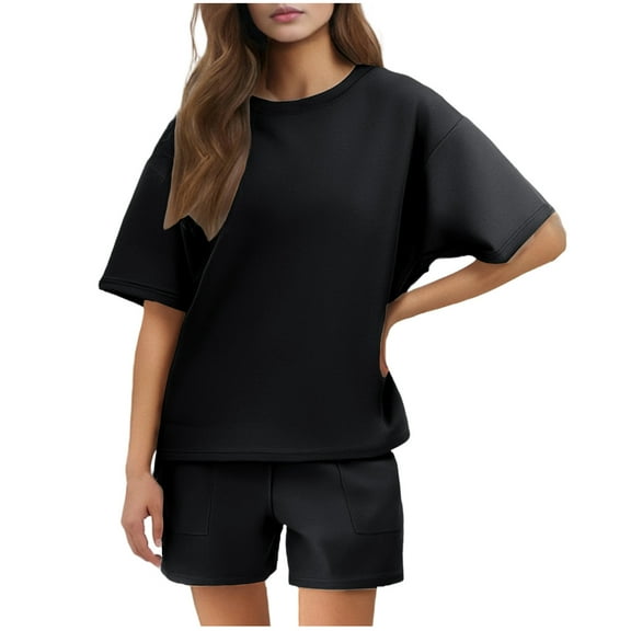 Ndbuld Women's Two Piece Sets Summer Slim Fitted Short Sleeve Tops Foldover Shorts Matching Lounge Sets Black 2XL