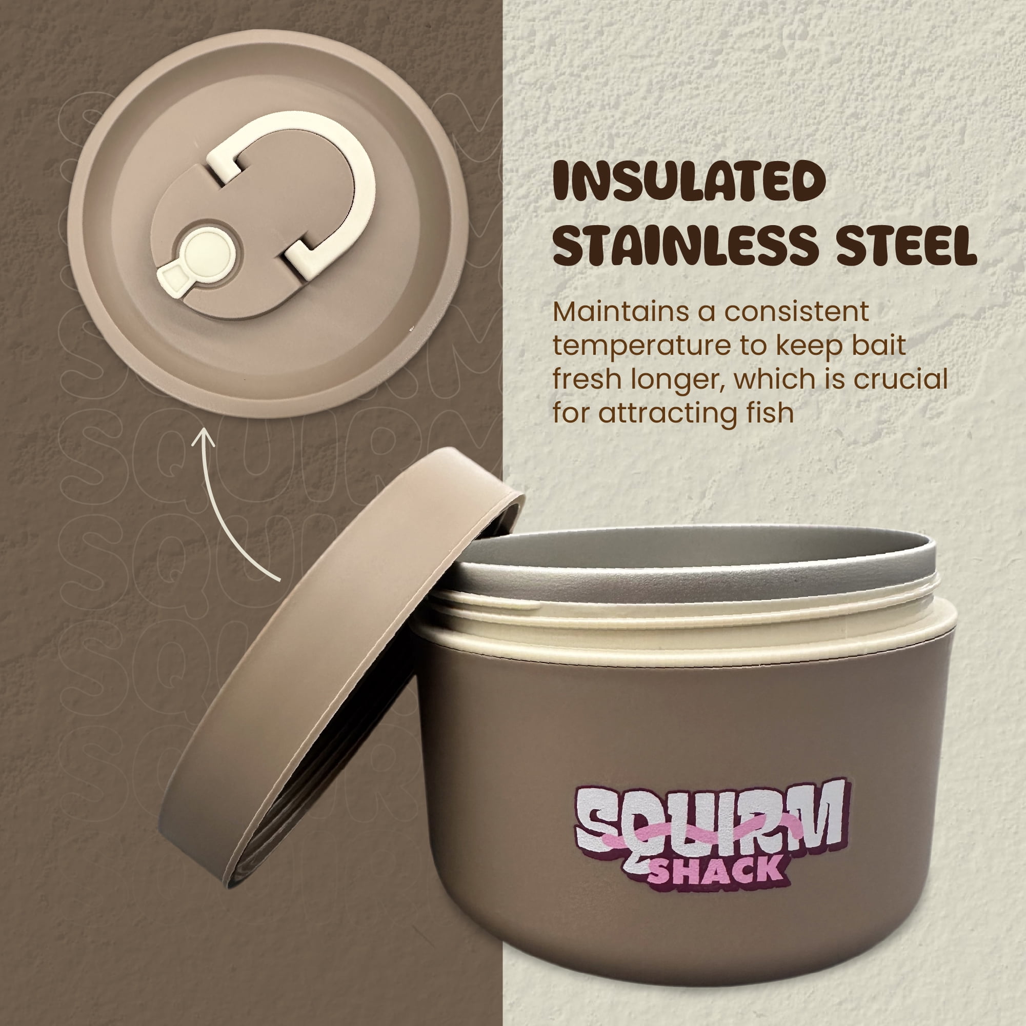 Squirm Shack - Insulated Fishing Bait Container, Stainless Steel, Live Bait Storage, Worm Holder, Nightcrawler Box, Bait Bucket, Compact and Durable, Keeps Bait Fresh and Alive