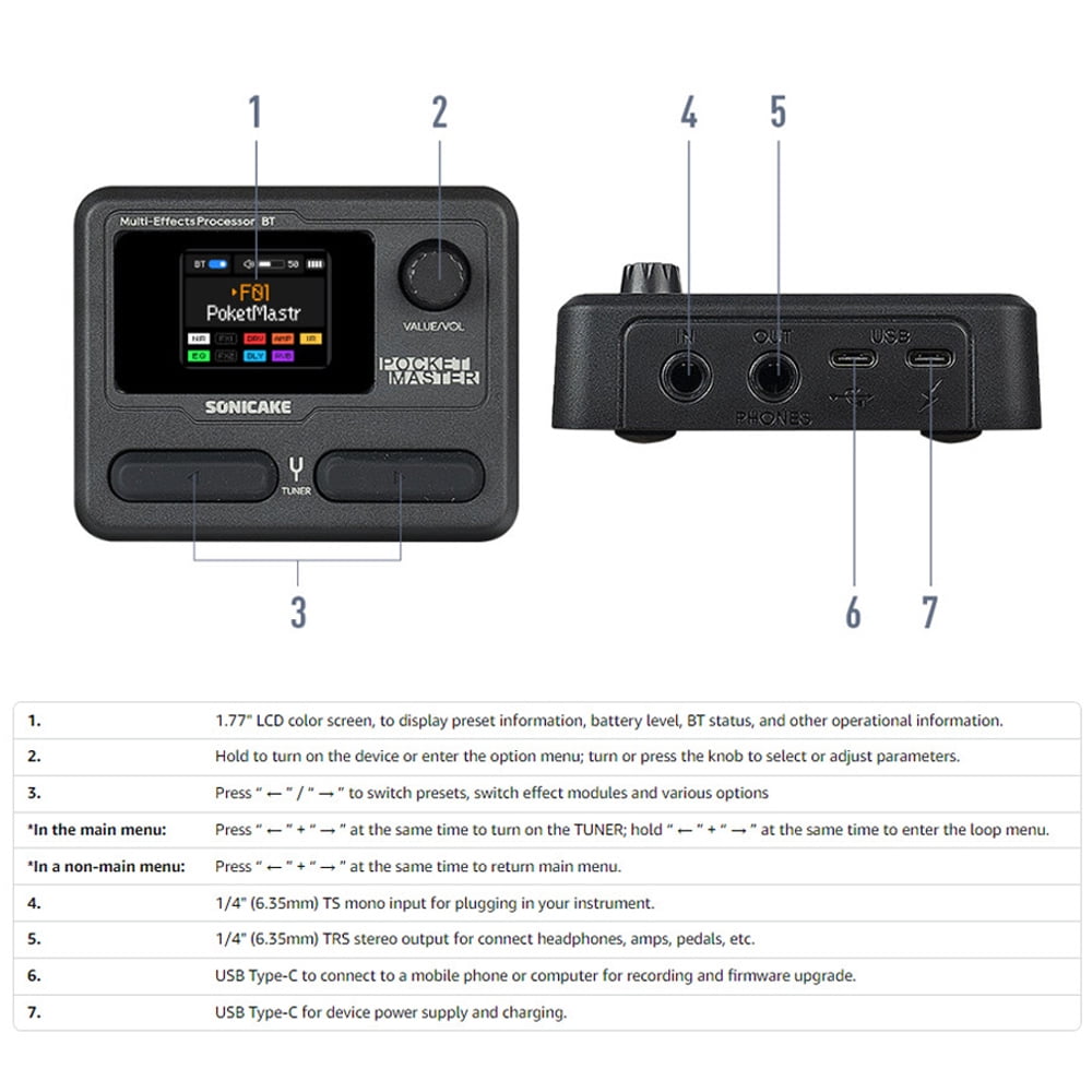 SONICAKE Pocket Master All-in-One Portable Guitar/Bass Multi-Effects Pedal - 100+ Effects, Amp & IR Cabinets, APP Control, Rechargeable, Color Screen, USB Audio Interface (Global English Version)