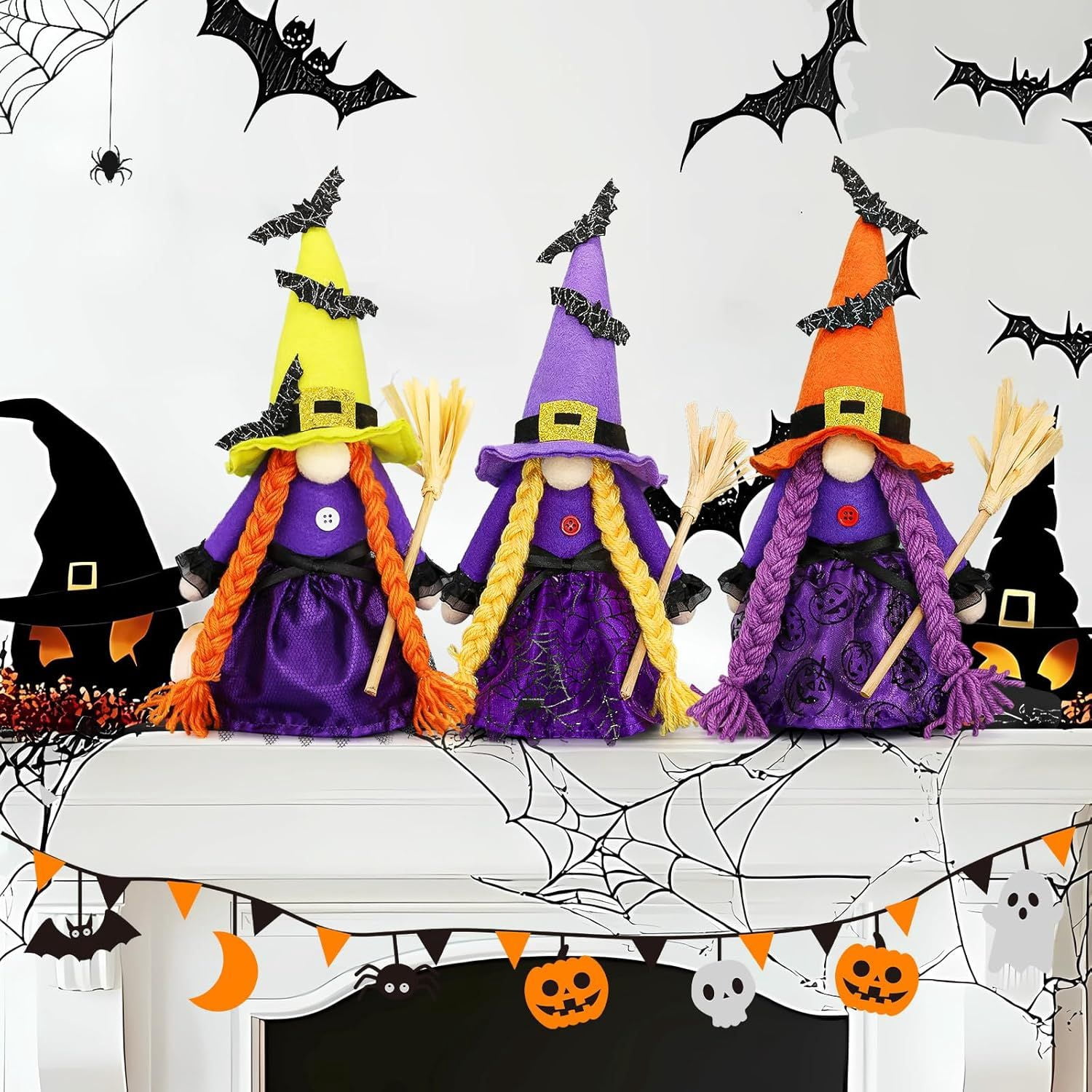 Set of 3 Hocus Pocus Witch Gnomes with Brooms for Rustic Halloween Decor