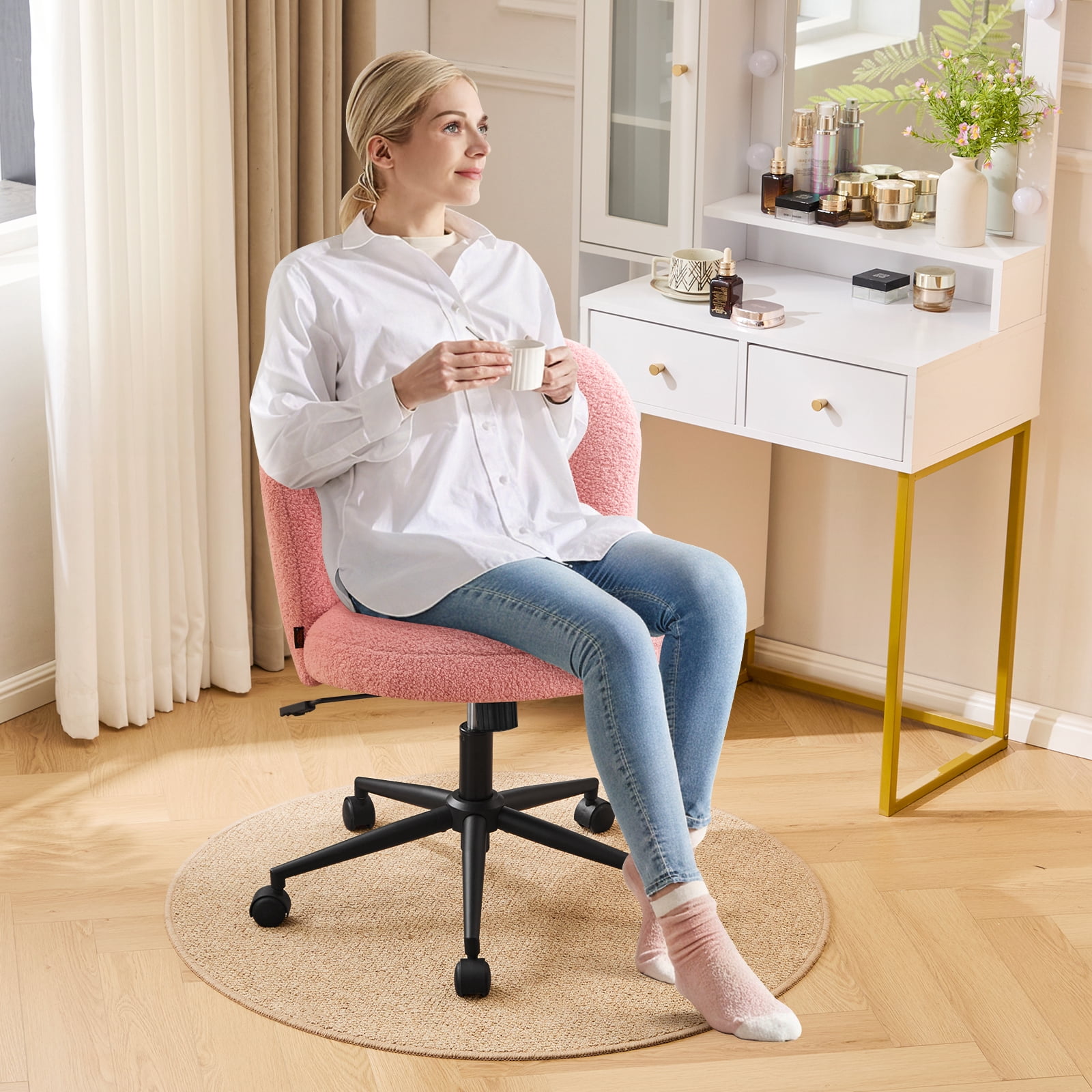Furniliving Modern Upholstered Home Office Chair with Cloud Shaped Backrest, Cute Armless Vanity Chair, 360° Swivel Height Adjustable Desk Chair, Computer Task Chair for Bedroom, Pink