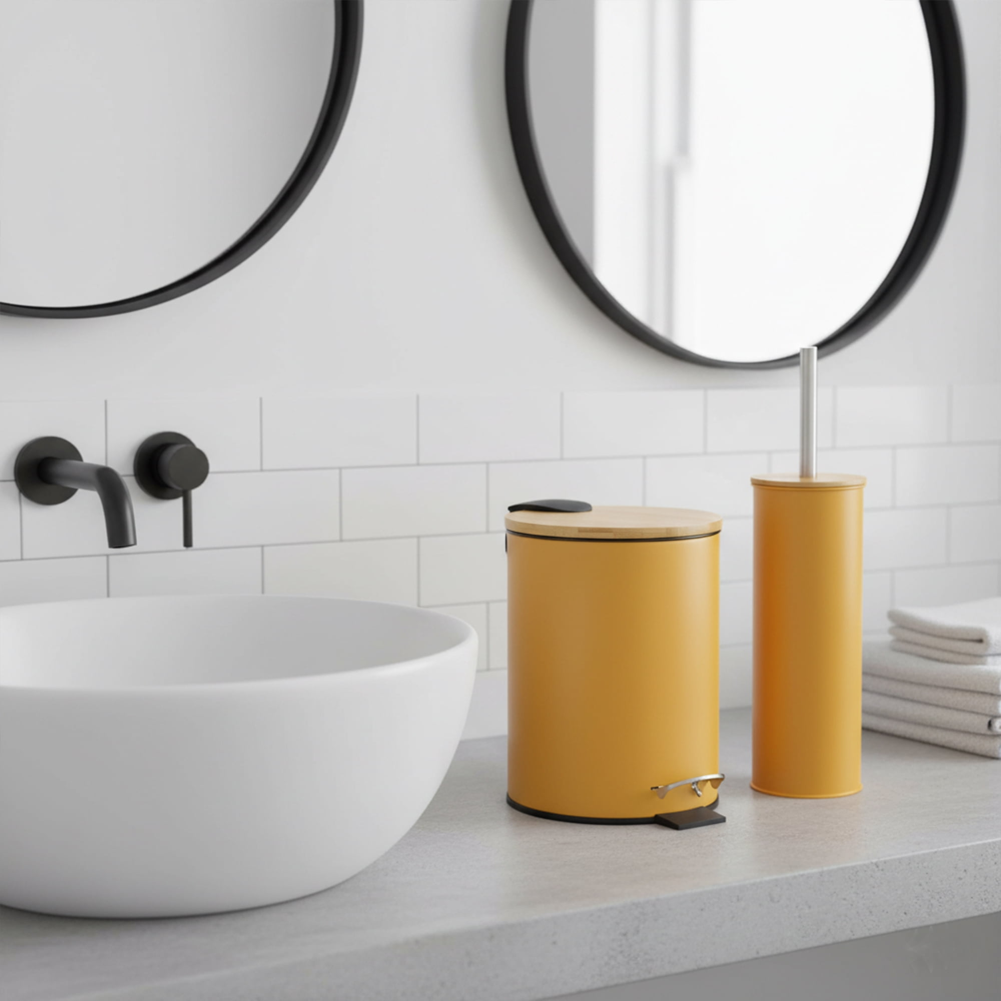 Mustard Yellow Metal Toilet Brush and Holder Set With Bamboo Lid