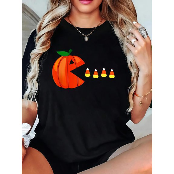 Halloween Graphic Tee for Women,Orange Pumpkin Eating Candy Corn Illustration T-Shirt,Short Sleeve Comfortable Top,Funny,cotton,black,S-5XL