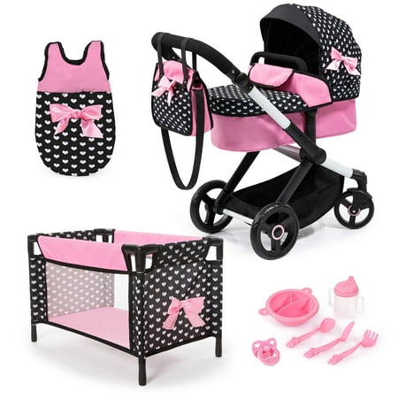 Bayer Design Dolls: Xeo Mega 10 Piece Set - Black, Pink, Hearts - Pram, Bed, Handbag, Feeding & Care Accessories For Dolls Up to 18", Toy, Kids Age 3+