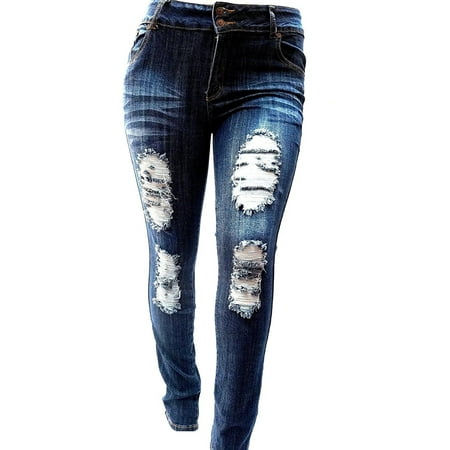 Jack David SLS WOMENS PLUS SIZE Stretch Distressed Ripped BLUE SKINNY ...