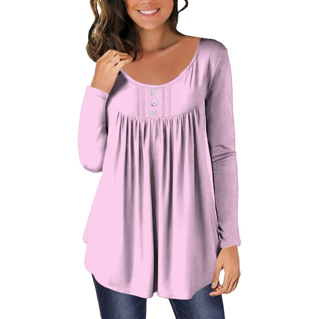 FAIWAD Womens Long Sleeve Tunic Tops Slim Round Neck Buttons Basic Pleated Patchwork Pullover Top