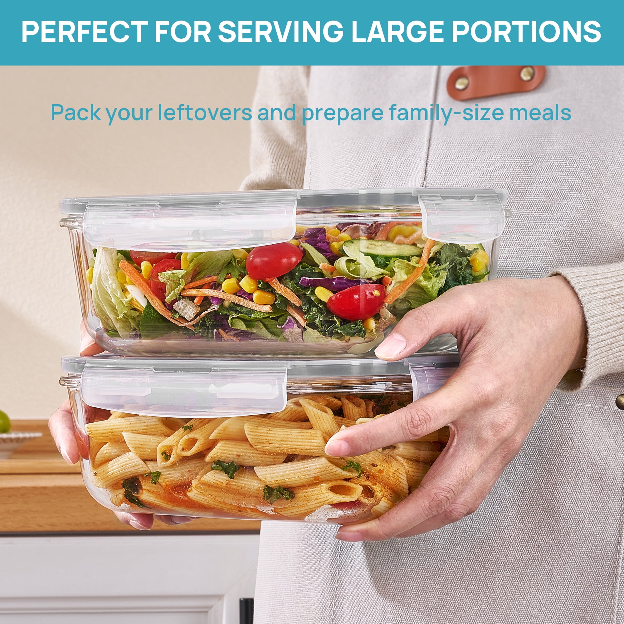 Sindcom 2Pack 1860ml/ 63oz Large Glass Storage Containers with Lids, Meal Prep Food Container Set with Snap Airtight Lid for Baking, Microwave, Oven, Leak Proof, for Freezer, Dishwasher, Grey