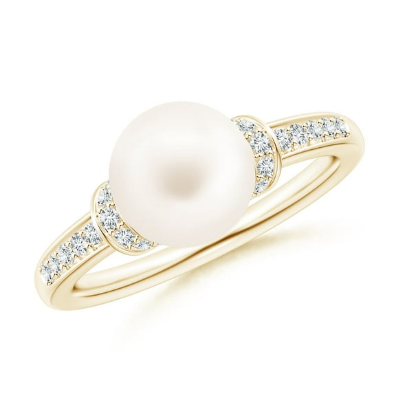 ANGARA Freshwater Cultured Pearl Ring with Diamond Collar in 14K Yellow Gold for Women | June Birthstone, Birthday, Anniversary, Jewelry Gift for Women | Pearl Ring