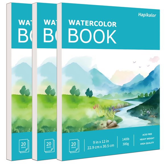 Bloc de papel para acuarela Hapikalor, 9 x 12, 140 lb/300 g/m², paquete de 3