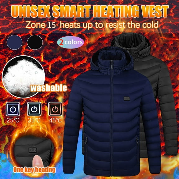 Titcea Heated Jacket for Women and Men 3 Adjustable Temperature 15 Heating Zones Electric USB Heated Jacket with Hood Zip Up Windproof Warming Jacket