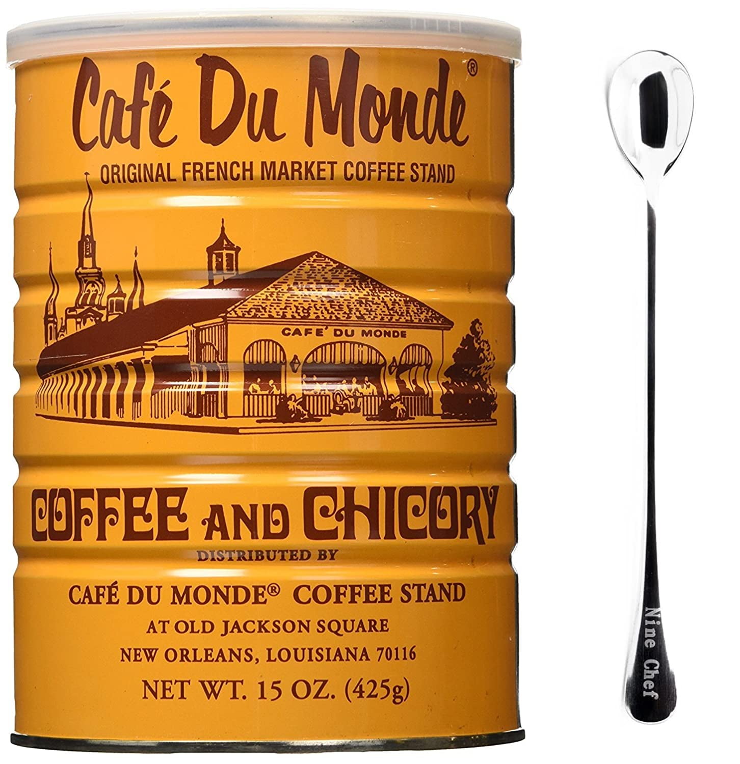 Cafe Du Monde Coffee & Chicory Blend, 15 Oz. (2 x 15 Ounce Packs) + One NineChef Spoon