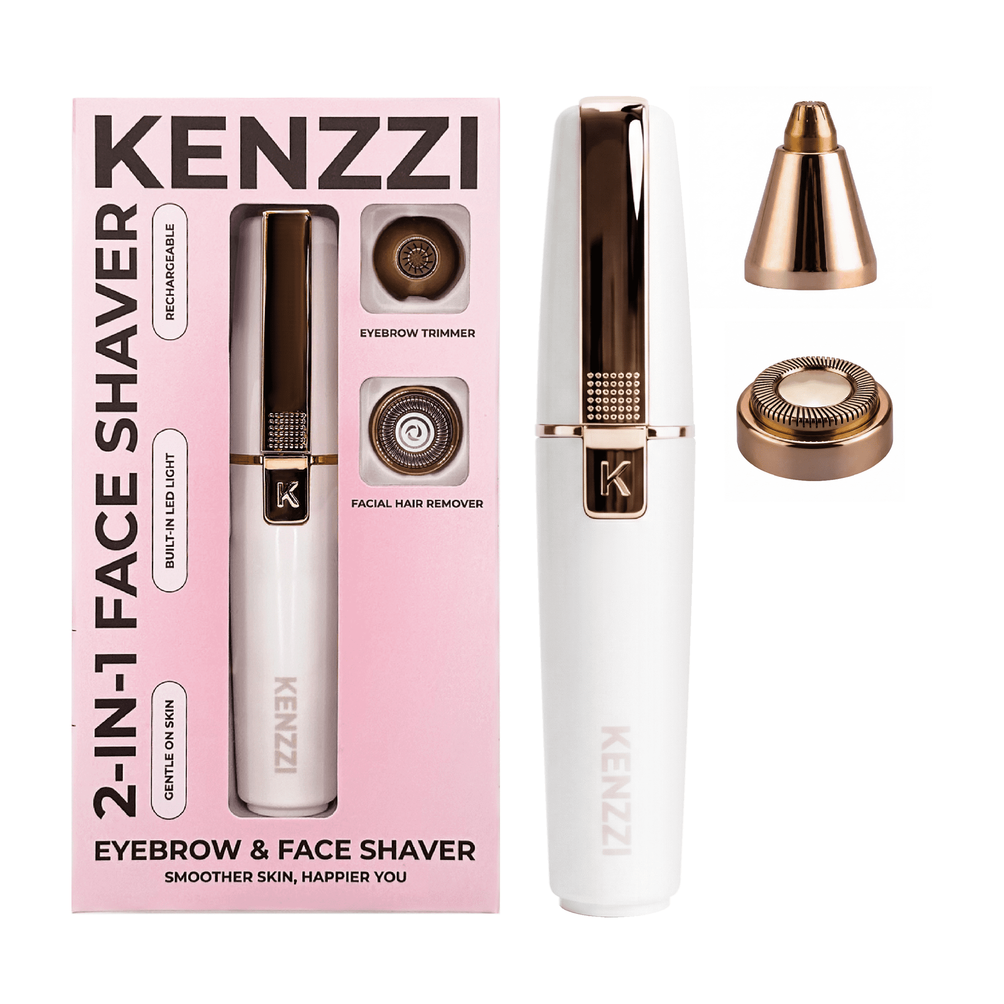 KENZZI 2-in-1 Rechargeable Women’s Face Electric Shaver and Facial Hair Remover with Eyebrow Trimmer, White and Rose Gold