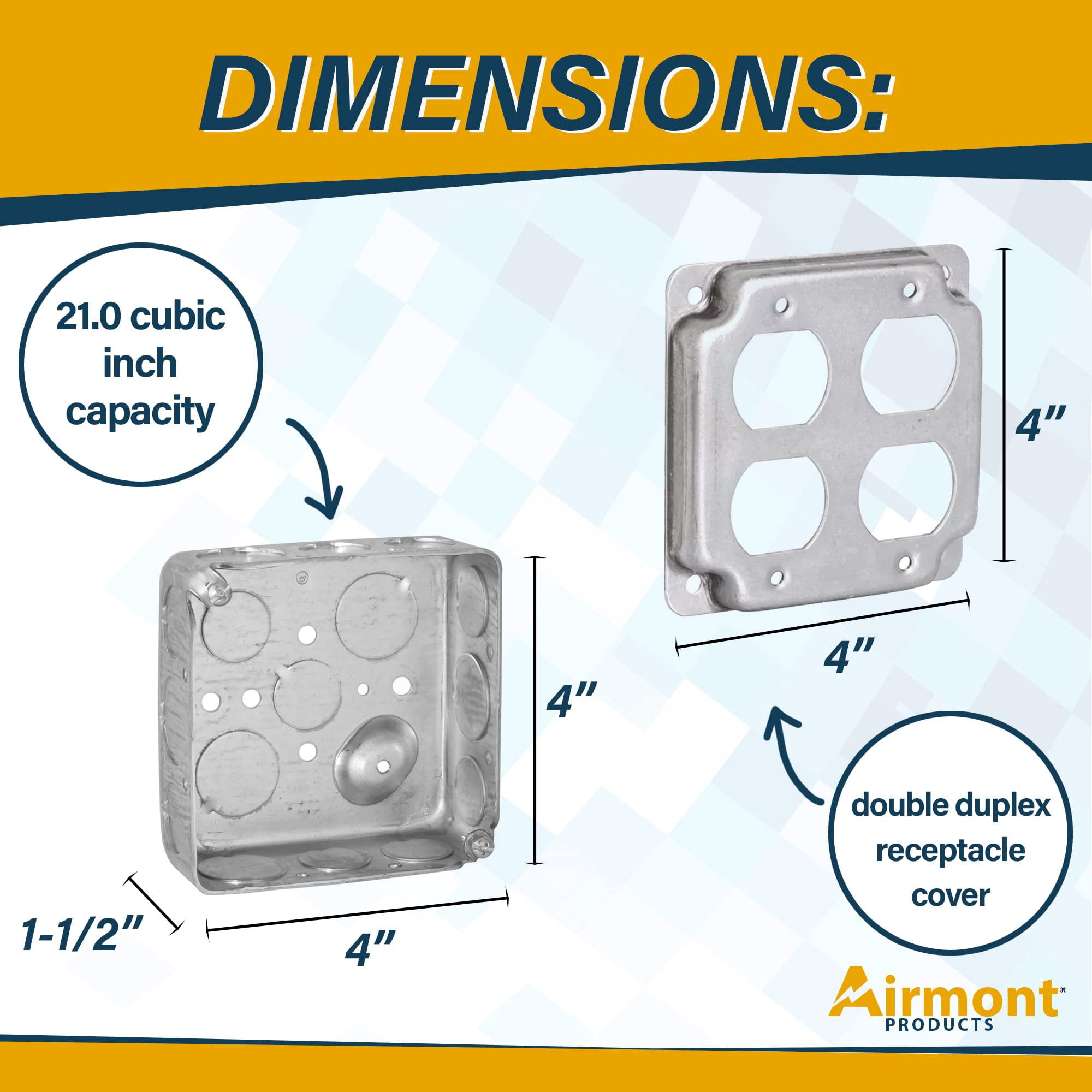 4 Pack Electrical Box Cover  4" Square  Galvanized Steel, 1/2" Raised, Exposed Work  for Double Duplex Receptacle and Outlet Applications  Fits 4-Inch Junction Boxes