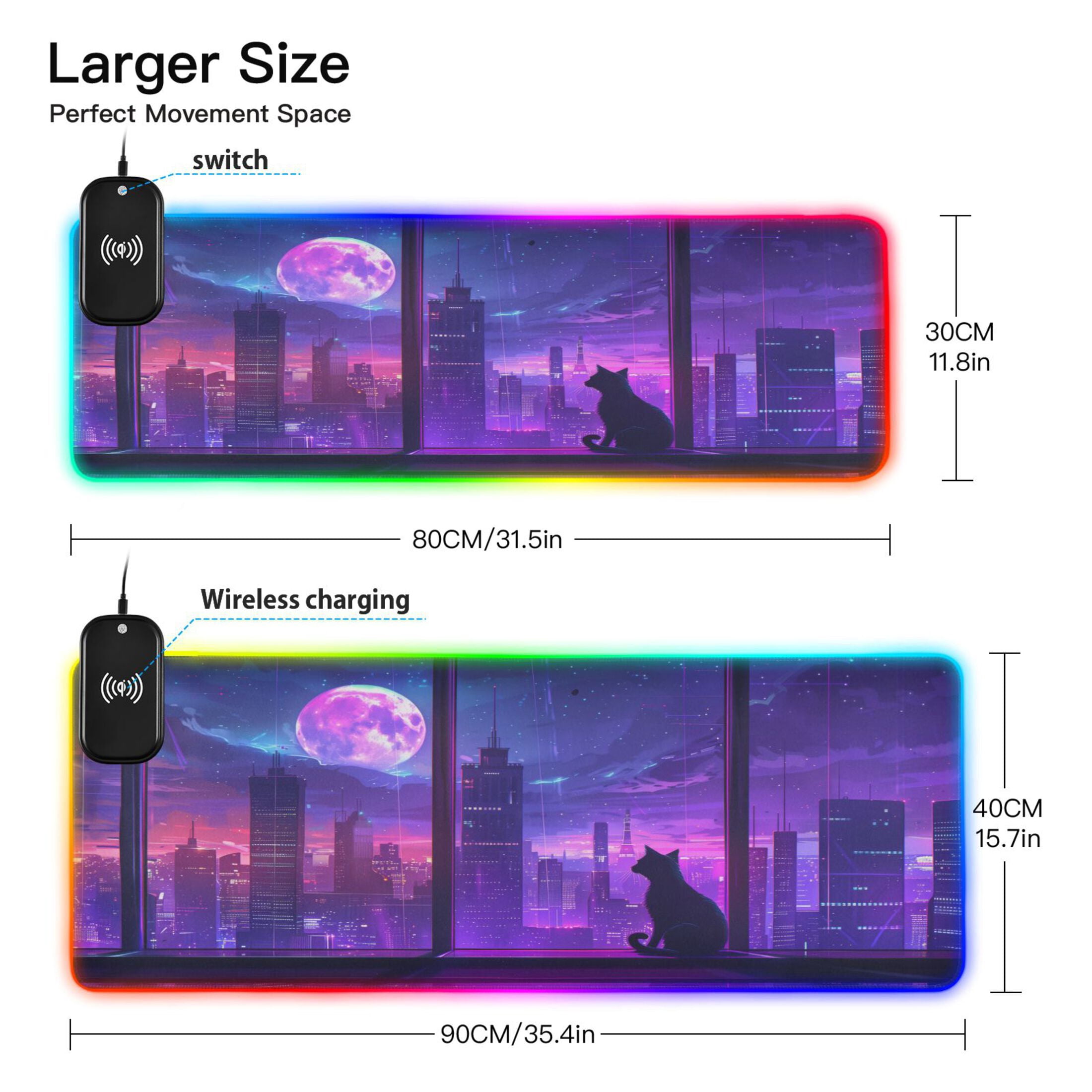 Wireless Charging Mouse Pad Large RGB Gaming Desk Mat 13 Light Modes Mousepad 35.4x15.7 Cat Moon City