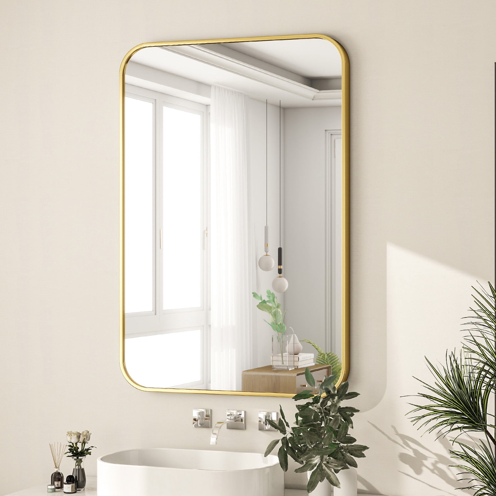 SHATTERVIEW 26"x38" Bathroom Mirror Wall-Mounted Vanity Mirror with Rectangular Metal Frame, Gold