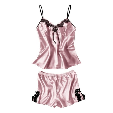 

Tangnade Ladies casual underwear bra Women Lace Casual Sleeveless Vest Shirt Tops Blouse Shorts Pants 2PCS Set Pink M