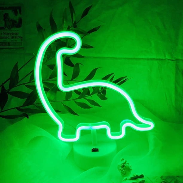 Luz de noche LED de neón con forma de dinosaurio verde, funciona con USB y pilas, con pedestal. Ilumina tu fiesta de cumpleaños, habitación infantil, club, dormitorio o bar (Dinosaurio).