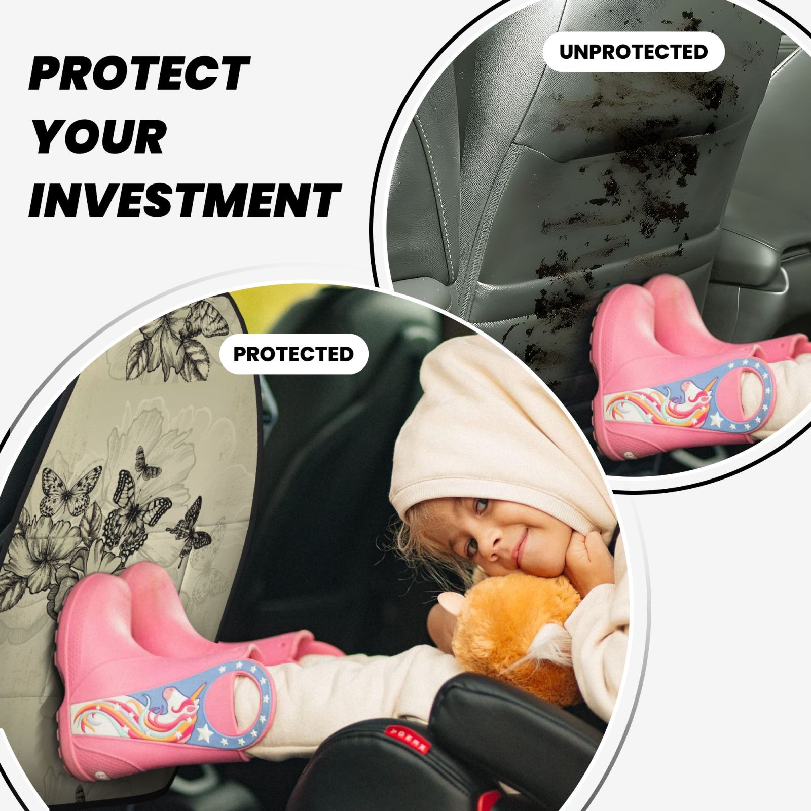 Xecao Vintage Floral Pattern Car Seat Back Protector 2 Pack Large Capacity Pocket, Kick Mats Back Seat Protector