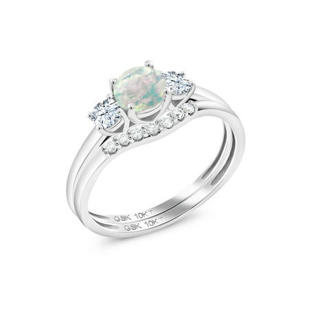 Lab Created Sapphire (0.83 Ct Round Cabochon White Simulated Opal White Created Sapphire 10K White Gold Lab Grown Diamond)