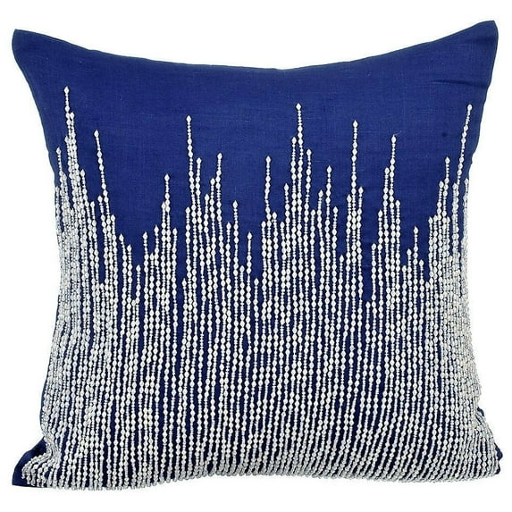 Throw Pillow Cover With Zipper, Blue European Shams 26x26 inch (65x65 cm), Linen Euro Pillow Shams, Abstract, Striped, Beaded, Modern Euro Shams - Linen Blue Heights