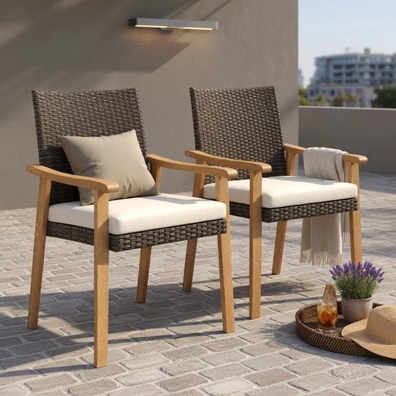 Hommoo 2-Piece PE Rattan Outdoor Dining Chair Set with Removable Cushions & Natural Acacia Wood Armrests, Weather-Resistant Patio Seating for Backyard, Deck or Garden, White