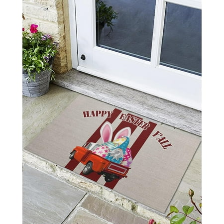 

Indoor Outdoor Mats Easter Truck with Gnomes and Eggs on Red Stripes Door Mat Non-Slip Absorbent Resist Dirt Entrance Mat Washable Welcome Mats for Entryway Low-Profile Floor Mats