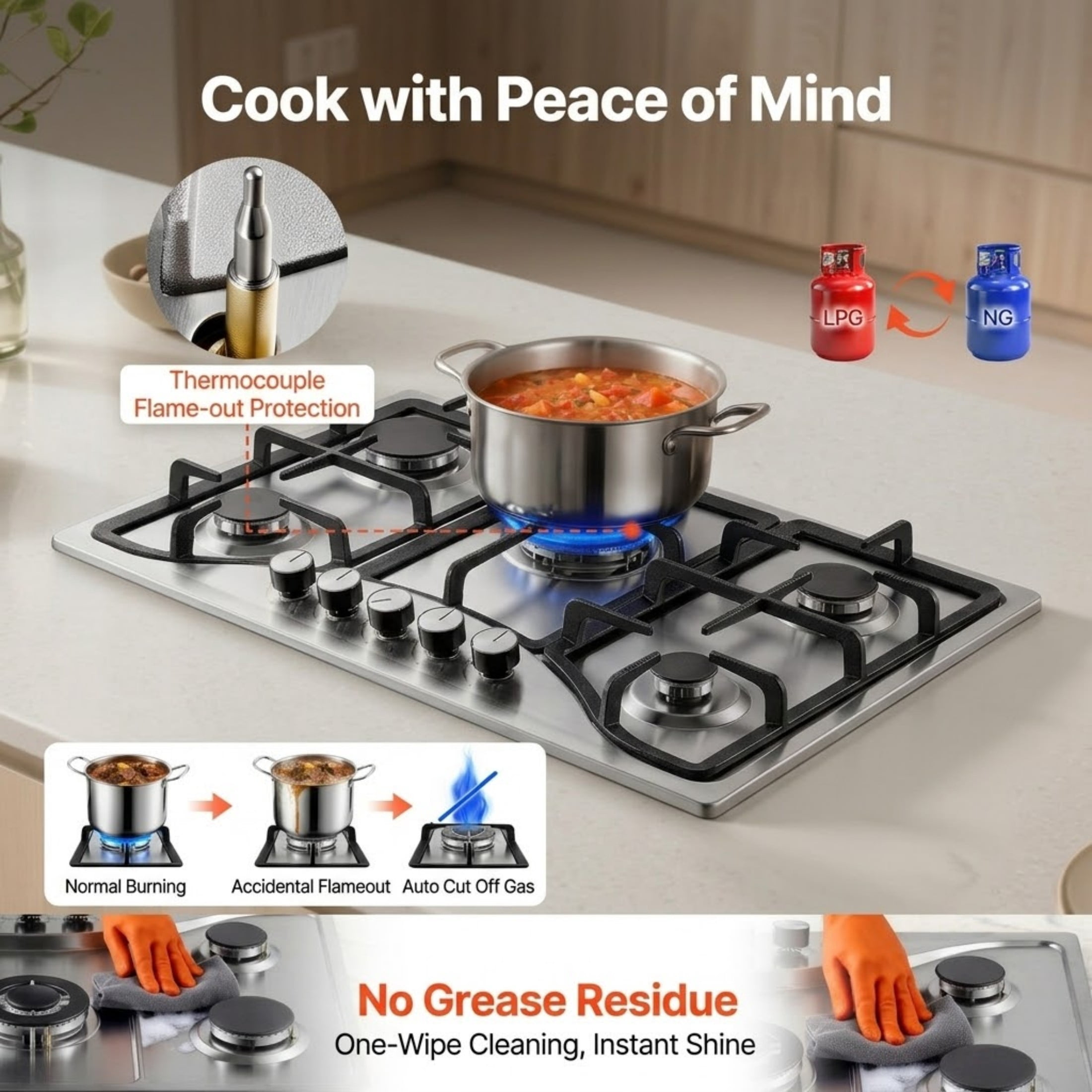 30-inch Gas Cooktop, 5 Burners Stainless Steel Built-in Gas Stove Top, 12250BTU NG/LPG Convertible