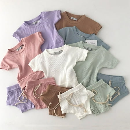 

Baby Summer Clothing Infant Baby Girl Boy Clothes Short Sleeve Tops T-shirt+Shorts Pants Ribbed Solid Outfits 0-4T