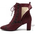 thumbnail image 2 of BLISSFUL STEP Embroidered Lace-Up Pointed Toe Block Heel Vintage Ankle Boots for Women Burgundy 6, 2 of 8