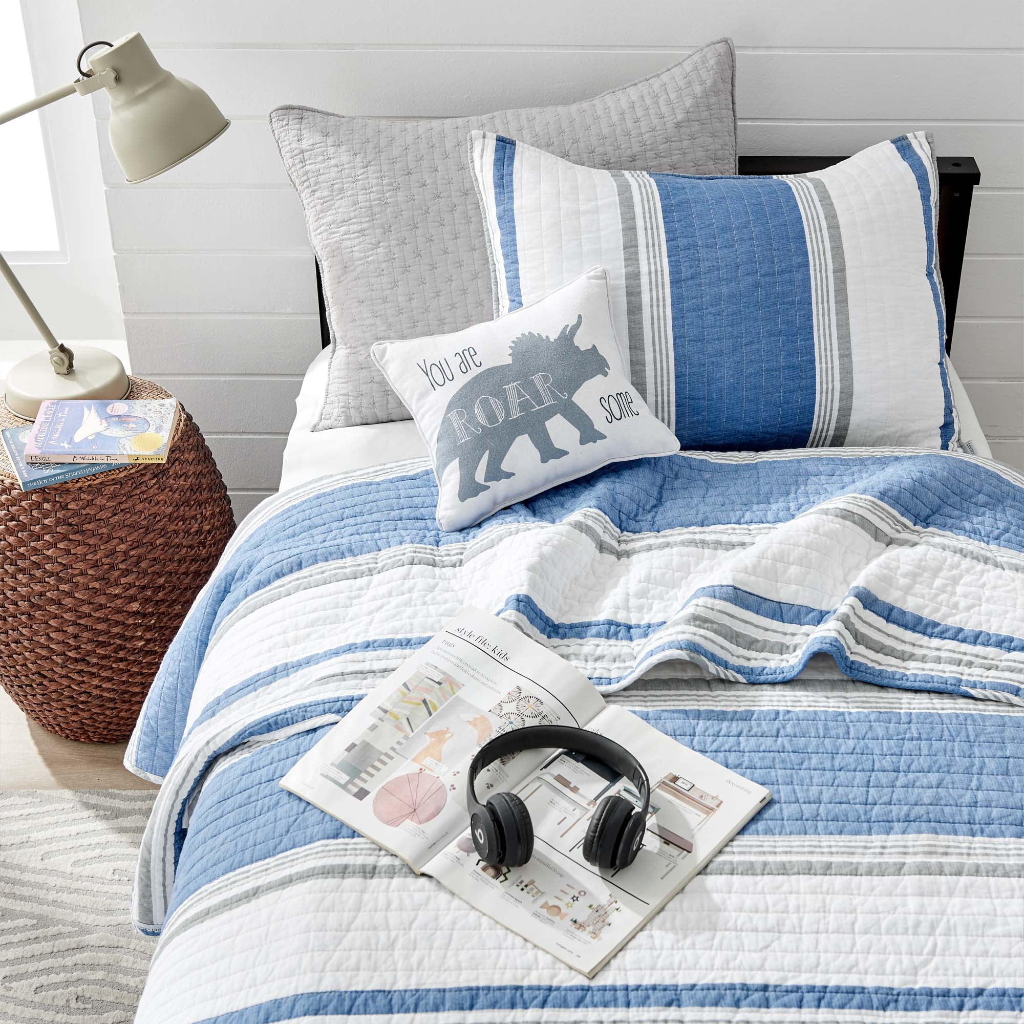 Levtex Home - St Bart Quilt Set - Twin Quilt + One Standard Pillow Sham - Nautical - Blue, Grey, and White - Quilt Size (68x86in.) and Pillow Sham Size (26x20in.) - Reversible - Cotton Fabric