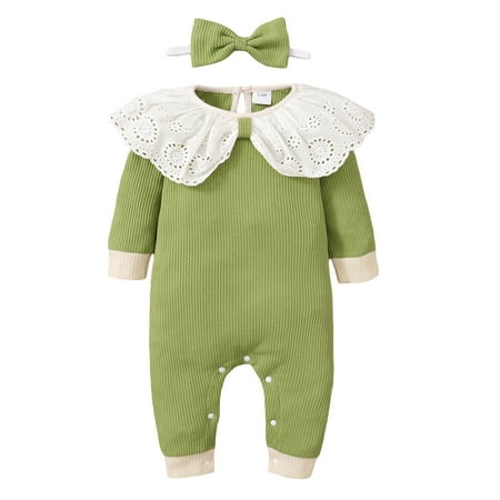 

Eyicmarn Infant Baby Girls Waffle Rompers Spring Lace Ruffles Round Neck Patchwork Long Sleeve Jumpsuits with Bow Headband