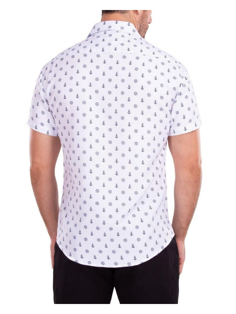 White Anchor and Wheel Button Up Short Sleeve Dress Shirt, White